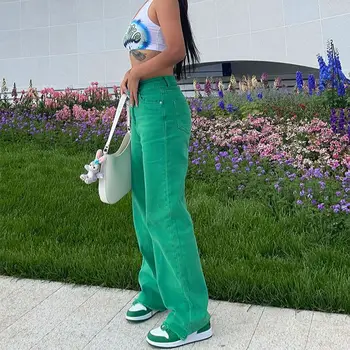 2021 uusi tahke värvi teksad kuum tüdruk fashion streetwear riided roheline teksad slim straight leg püksid hip-hop teksad ema püksid