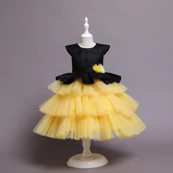 2022 Uus Mood Pits Baby Girl Dress 2-14Y Tüdruku Sünnipäeva Kleit Kook Kollane Värv Printsess Pool Kleit