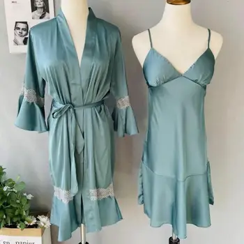 Casual Kimono Hommikumantel Set Naiste Seksikas Pits Homewear Intiimne Pesu Suvel Uus Põletatud Varrukad Hommikumantel Kleit Nightgowns Sleepwear