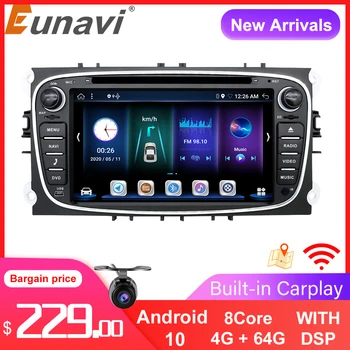 Eunavi Android 10 Auto DVD-R Multimeedia GPS Auto FORD Focus Mondeo, S-MAX C-MAX, Galaxy 4G 64GB DSP Headunit DSP 2 Din