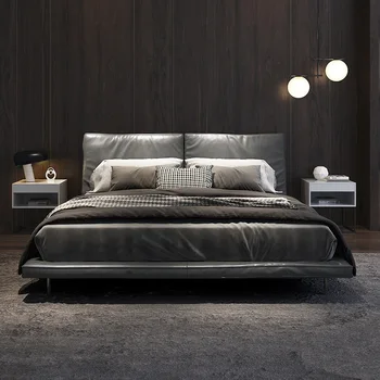 Itaalia nahast voodi, luksuslik, kaasaegne ja lihtne master voodi, Põhjamaade ja itaalia minimalistliku stiili.