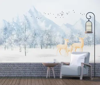 Kohandatud taustpildi käsitsi maalitud fantaasia metsa lumi põdrad taust seina maali kodu kaunistamiseks mountain forest 3d tapeet
