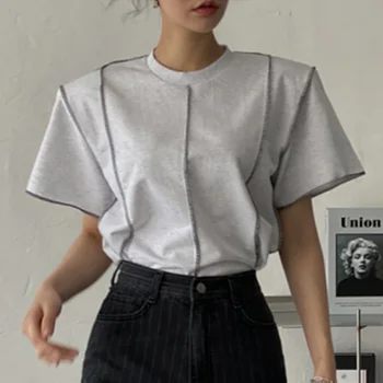 Korea Fashion Stiilne Suvel Lühikese Varrukaga T-särk Naistele, O-kaelus Padjad Õlalt Tops Tees Must T-Särgid Naine T001