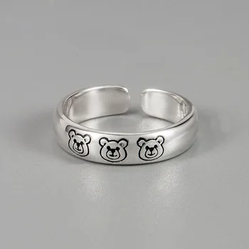 Korea Minimalistlik INS Armas Isiksus Lihtne Kolmest Väike Karu Sõrmus 925 Sterling Hõbe Cartoon Prindi Retro Avatud Ring