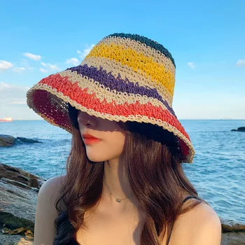 Lihtne, Naised, Mütsid Straw Suvel Päike Mütsid Naistele Lady kokkuklapitavad Vikerkaar Värvid Beach Mütsid täiskasvanud Naine päikesekaitsetoodete kork