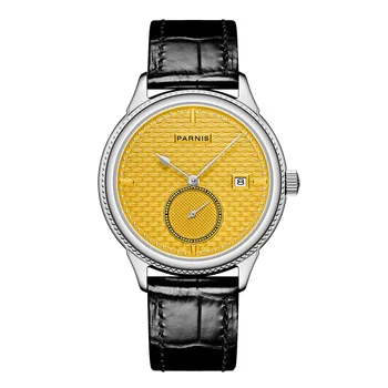 Mood Parnis 42mm Yellow Dial Automaatne Meeste Vaata Kalender Nahast Rihm Mehaanilised Kellad Meestele reloj hombre Kell Kingitus
