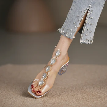 Naiste Avatud Varvas Selge, Läbipaistev Teemant Kristall Bling Sandaalid T-Rihm Blokeerida Kõrge Kontsaga Kingad Luksus Glitter Tüdrukud Uus 2022