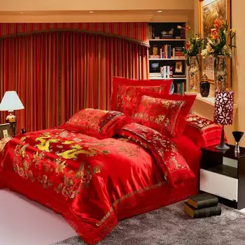 UUS Punane satiin Dragon ja phoenix hiina Pulm Bedding set print Kaasaegne sobib Jacquard Bedclothes queen/king size
