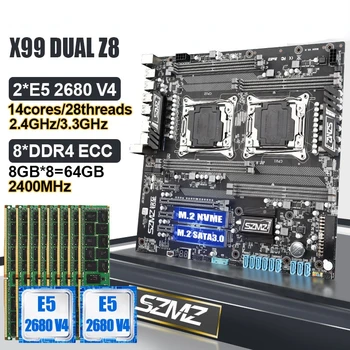 X99 DUAL Emaplaadi Combo 2 Tk Xeon E5 2680 V4 PROTSESSOR ja 8*8 GB ECC DDR4 2400MHz RAM Komplekt